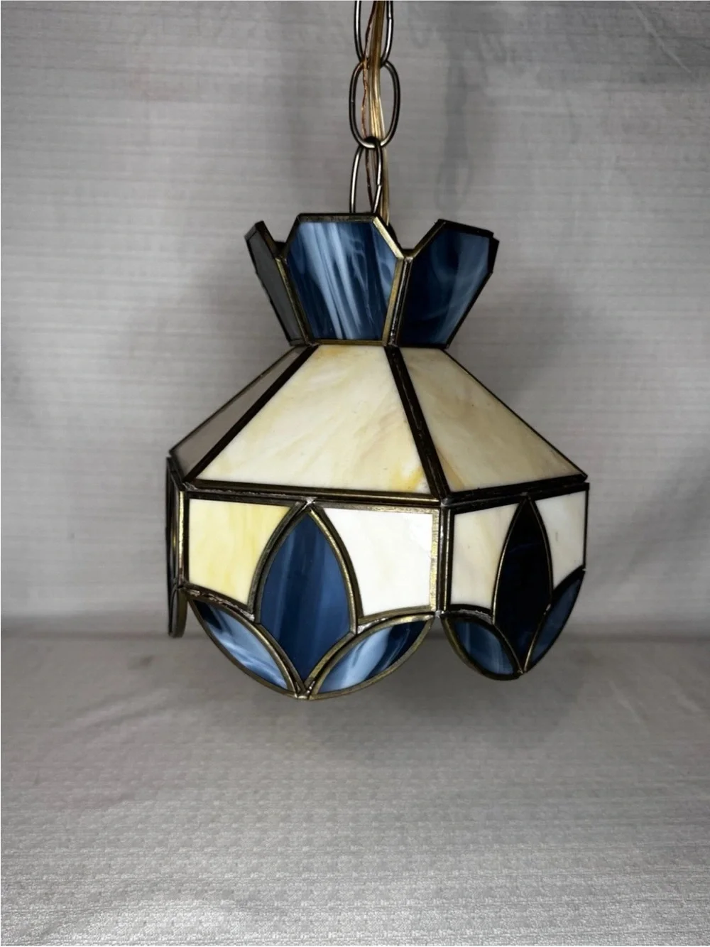 Vintage Stained Glass Hanging Light Blue Cream Hardwired Lamp 8 Inch Retro